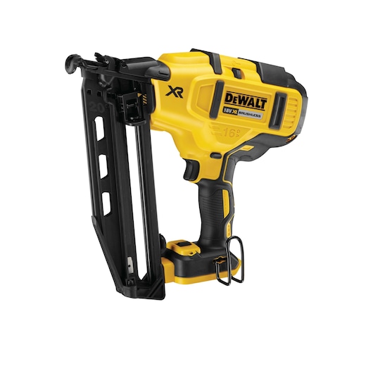 DEWALT 18V XR cordless nail gun, yellow and black, suitable for woodworking and construction tasks.