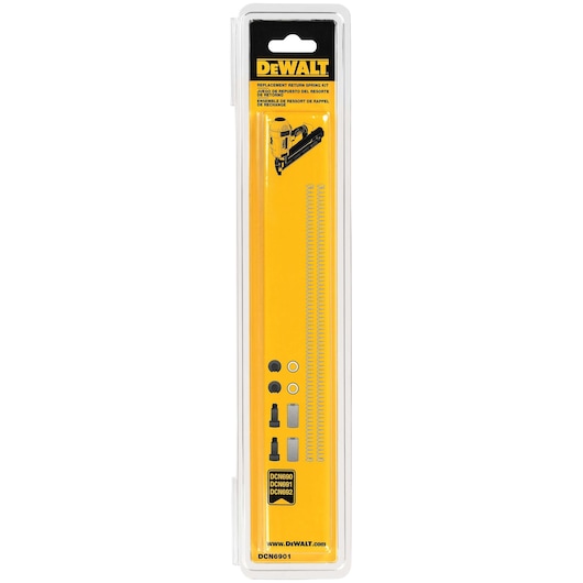 DEWALT replacement return spring kit (SKU: DCN6901) for nailers, shown in its sealed yellow and black packaging with components visible, suitable for models DCN690, DCN691, and DCN692.