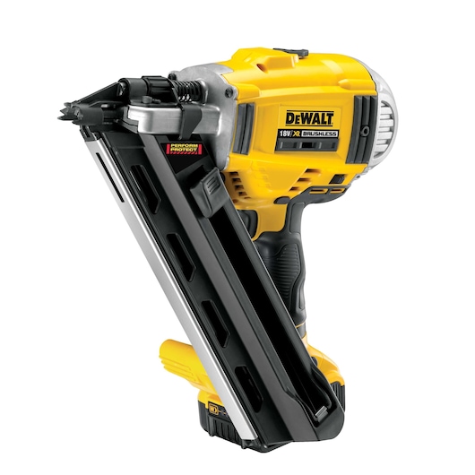 A close-up of a DEWALT 18V XR brushless cordless nail gun, with a yellow and black design.