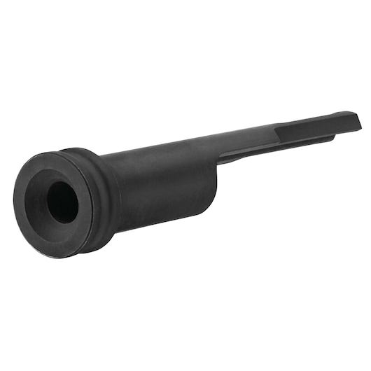 A black cylindrical replacement nose piece accessory for a DEWALT tool, shown on a white background.