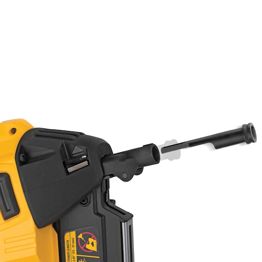 Close-up image of a DEWALT DCN890P2 cordless yellow and black tool, showing a movable attachment or barrel at the front, with visible safety and length guide labels.