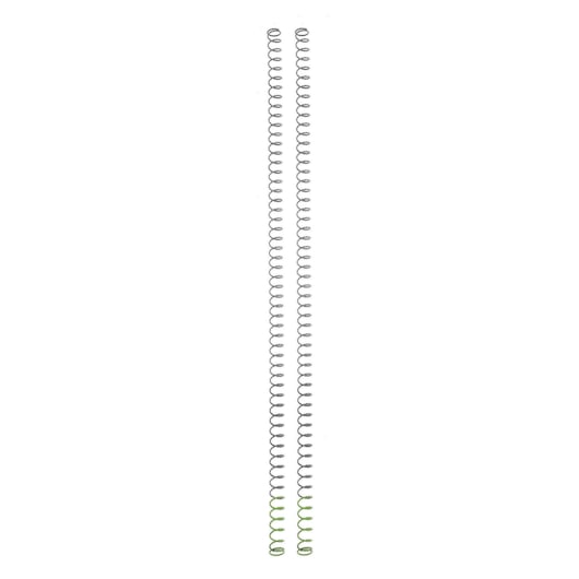 Two identical long metal springs standing vertically side by side on a white background.