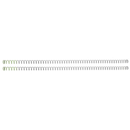 Two long, thin metal springs are placed parallel to each other on a white background. The left ends of the springs have a green tint.