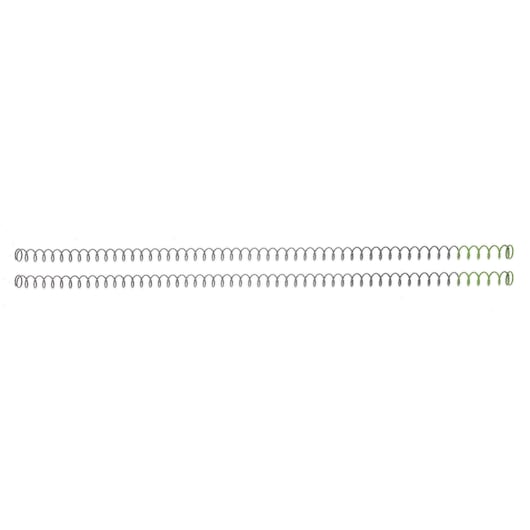 Two long, thin metal coil springs with a few coils highlighted in green at one end, placed parallel to each other on a white background.