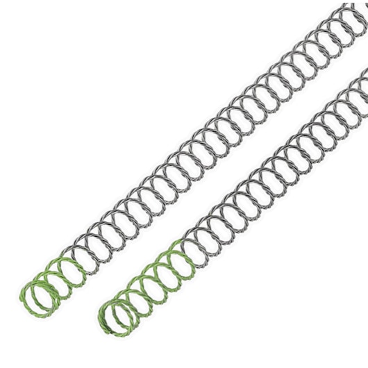Two metal coil springs with green-colored loops at one end are shown against a white background.