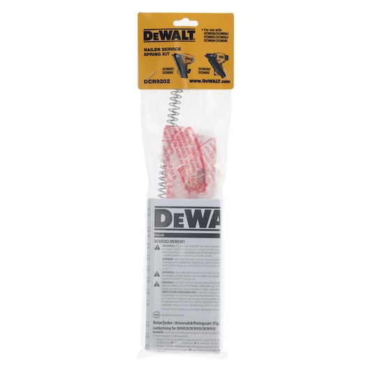 A DEWALT Nailer Service Spring Kit (model DCN9202) in its original packaging. The clear plastic bag contains a metal spring, some red and white labeled parts, and an instruction manual. The yellow label on top indicates compatibility with DEWALT nailer tools.