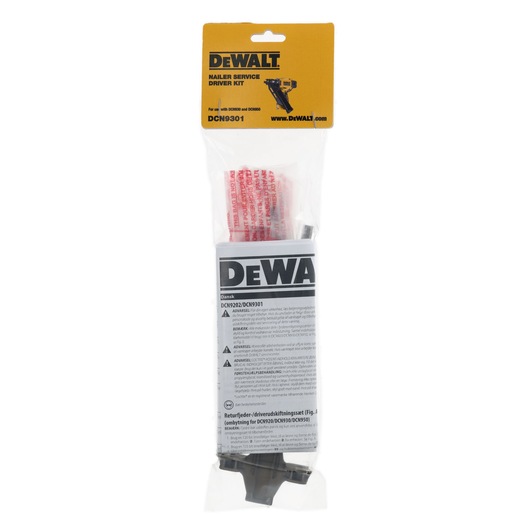 DEWALT nailer service driver kit (SKU DCN9301) in a clear plastic package with a yellow branded label. The kit includes components and instructions for use with specific DEWALT nailers.