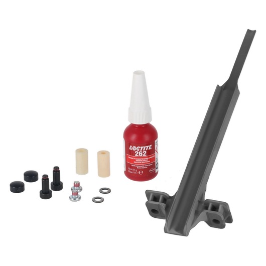 A DEWALT repair kit including a plastic mounting bracket, a red bottle of Loctite 262 threadlocker adhesive, two cream-colored cylindrical inserts, black plastic and metal fasteners, washers, and nuts, all arranged on a white background.