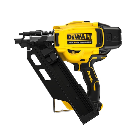 A DEWALT 18V XR Brushless cordless framing nailer, yellow and black, with a large magazine, designed for fast and reliable nailing in construction and woodworking projects.
