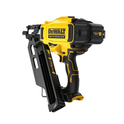 A DEWALT 18V XR Brushless cordless nail gun, model DCN930N, is shown in a side view. The tool features a yellow and black design with a pistol grip and angled magazine for nails.