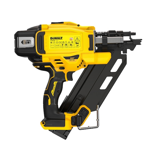 A yellow and black DEWALT DCN930N cordless nail gun with brushless motor and ergonomic handle, designed for professional construction and woodworking.