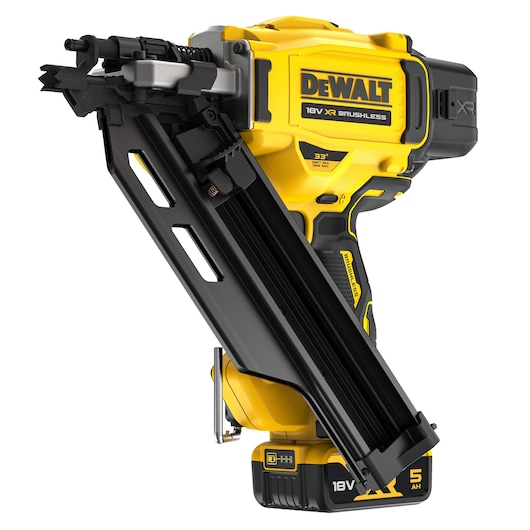 A DEWALT 18V XR brushless cordless nail gun with a yellow and black design, featuring a battery pack at the base and an angled magazine for nails.