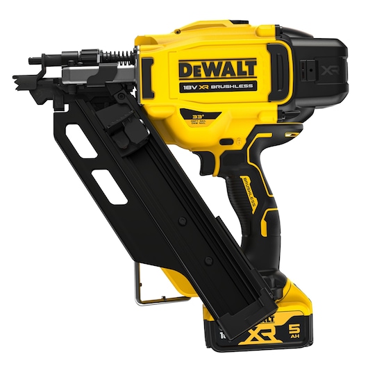 A DEWALT 18V XR brushless cordless nailer, featuring a yellow and black design with a battery pack and angled magazine for nails.