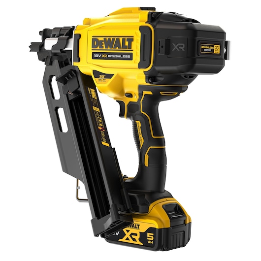 A DEWALT 18V XR Brushless cordless nail gun, shown from a side angle. The device is primarily yellow and black with a compact design, and features a 5 Ah battery at the base.