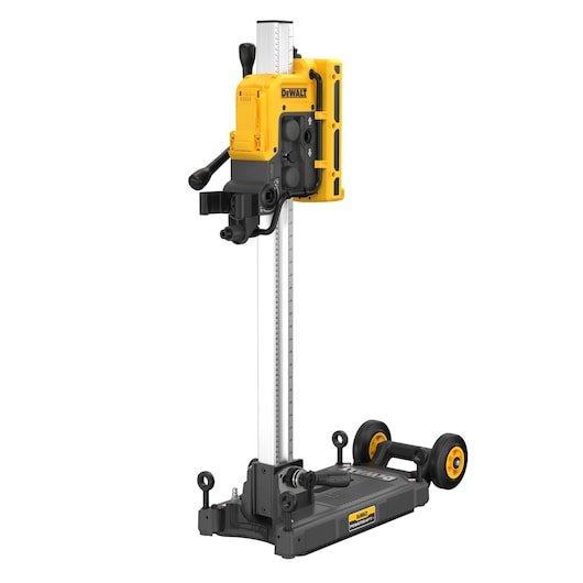 DEWALT DCPS151 yellow and black drill press with stand and wheels for portable core drilling tasks.