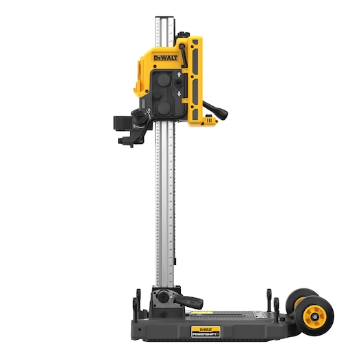 DEWALT DCPS151 professional drill stand with wheels, vertical ruler, and handle, shown in yellow and black.