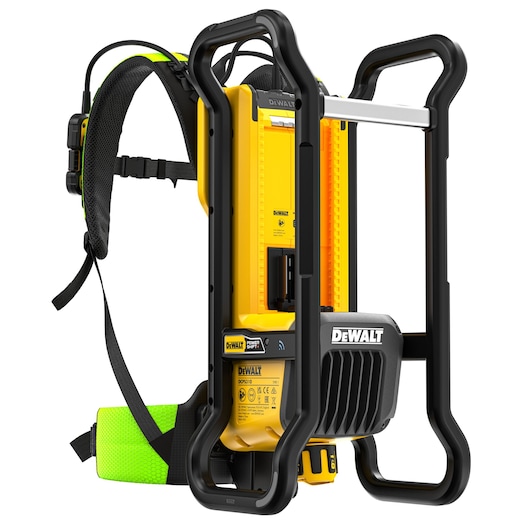 A DEWALT DCPS310N yellow and black power tool with a backpack-style harness, featuring robust handles and protective casing, intended for heavy-duty professional use.