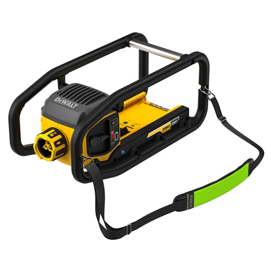 A DEWALT-branded portable tool with a protective black frame, yellow body, control panel, and an attached carrying strap with a green padding.