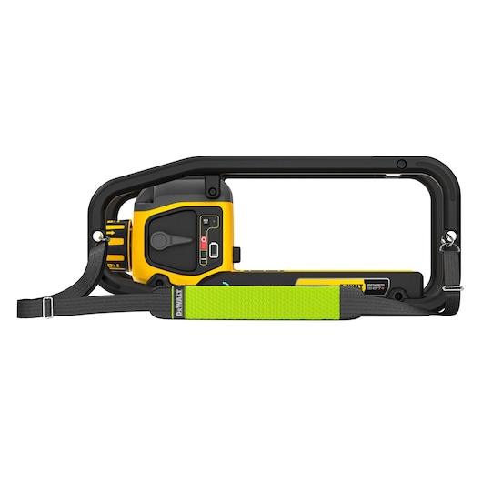 A DEWALT cordless pruning saw, shown with its yellow and black body inside a black frame and a green carrying strap attached.
