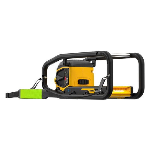 A DEWALT DCPS320N cordless photography tool in yellow and black, encased in a protective frame with a handle and strap for carrying.