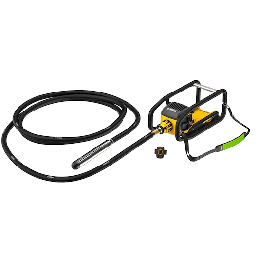 A DEWALT DCPS320N concrete vibrator with a long flexible hose, sturdy yellow and black motor unit, and a metal vibrating head. The unit features a protective frame and a green shoulder strap, suitable for construction and concrete work.