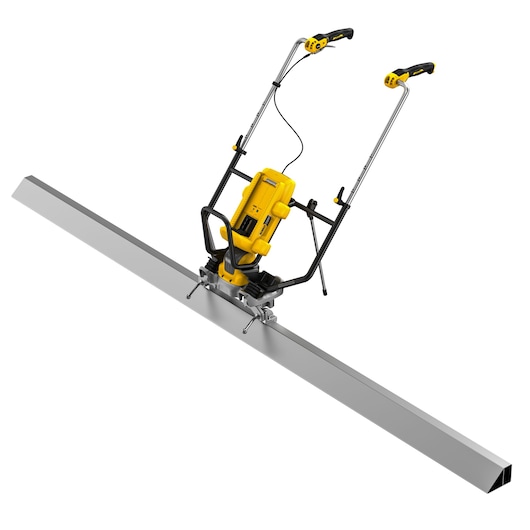 A DEWALT concrete power screed machine with yellow and black accents, used for leveling and smoothing concrete surfaces. The device features a long metal blade and adjustable handles.
