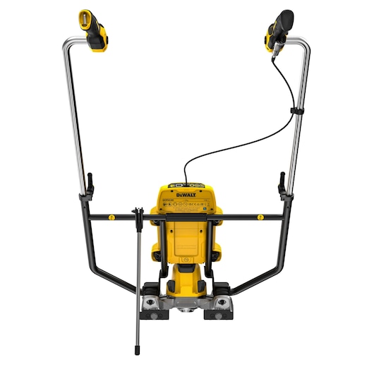 A DEWALT DCPS330N pole saw viewed from above, showing its yellow and black body, ergonomic handles, and extended cutting bar. The saw is designed for tree branches and landscaping work.