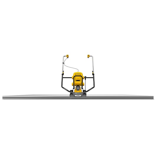 Front view of a DEWALT yellow and black power tool used for concrete finishing, featuring a long screed bar and ergonomic handles.