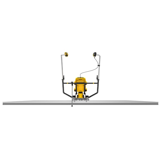 Front view of a DEWALT DCPS330N yellow power tool mounted on a flat surface, with two adjustable arms and cable attachments.