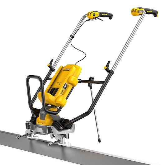 A DEWALT branded yellow and black handheld power tool, specifically a cordless drywall sander, mounted on a metal guide rail. The design shows ergonomic handles, power controls, and attachment points for secure operation.