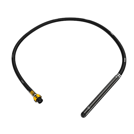 A DEWALT concrete vibrator shaft with a black flexible hose, metal vibrating head, and yellow connector, shown on a white background.