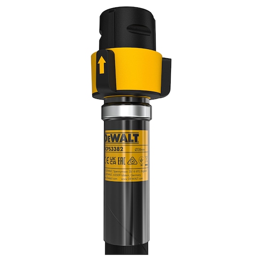 Close-up of a DEWALT DCPS3382 tool component featuring a yellow and black protective cover, metal ring, and product labeling with certifications and specifications.