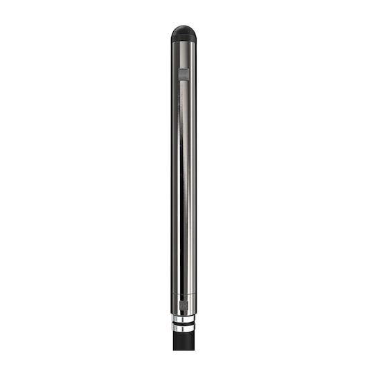 A vertical, cylindrical metal pole with a black cap and a small protruding rectangular button, photographed against a white background.