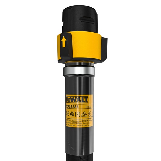 Close-up of a DEWALT DCPS3385 product. The image shows the top part of a cylindrical tool with a yellow and black attachment featuring an upward arrow. The DEWALT brand label and product information are visible on the body of the tool.