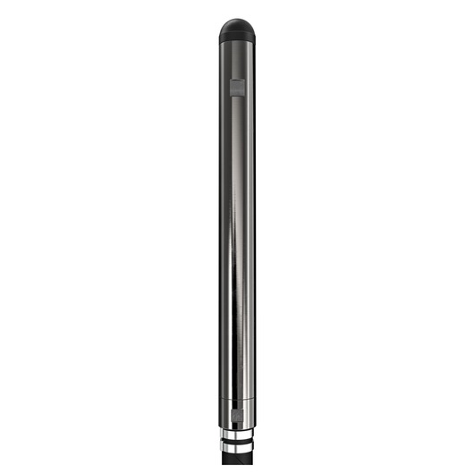 A vertical, cylindrical metal pole with a black rounded top and metallic finish, shown against a white background.
