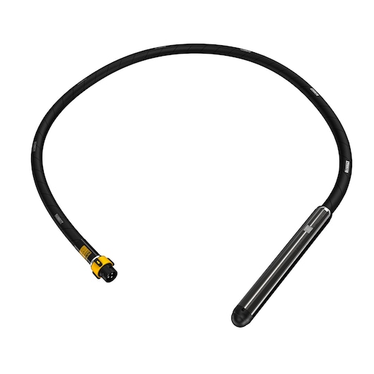A DEWALT flexible shaft concrete vibrator with a cylindrical head and a black, spiral-wrapped shaft, shown on a white background.
