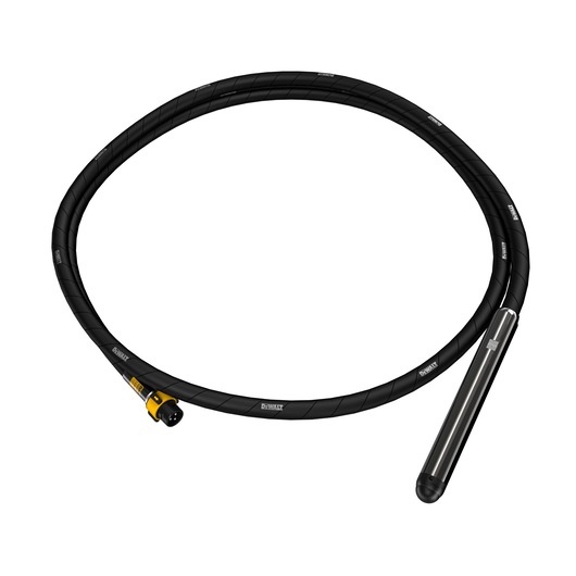 A DEWALT concrete vibrator accessory with a long black flexible hose and a cylindrical vibrating head, designed for construction and concrete work, shown on a white background.
