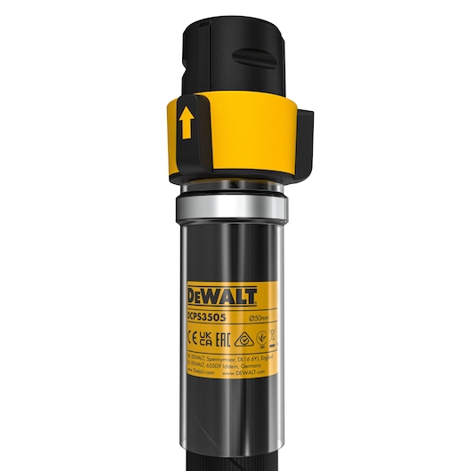 Close-up view of a DEWALT DCPS3505 power tool component with a cylindrical body, yellow and black detailing, and labeled information including certifications and model number.