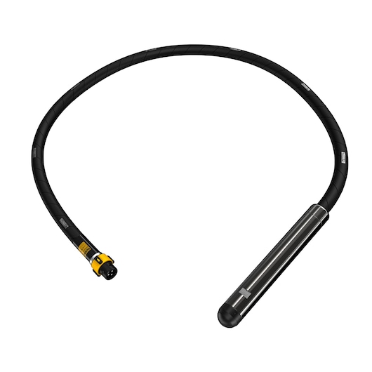 A DEWALT concrete vibrator shaft with a black flexible hose and a cylindrical vibrating head, shown on a white background.