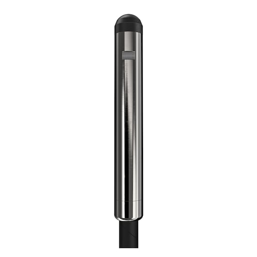 A close-up view of a cylindrical, metallic pole with a black cap and a small rectangular detail near the top. The pole is isolated on a white background.
