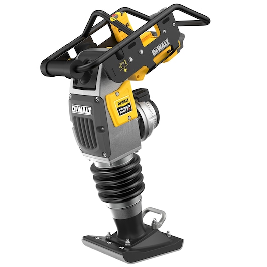 A DEWALT Power Shift battery-powered compactor tool with a robust handle, yellow and black casing, and heavy-duty base for soil and ground compaction.
