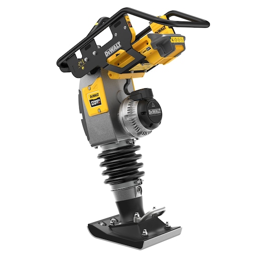 A DEWALT cordless compactor machine, model DCPS660N, featuring a yellow and black design with a sturdy steel base, rubber spring suspension, and dual battery pack mounted on top. The machine is shown on a white background.