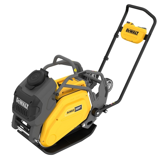 A DEWALT plate compactor machine with a yellow and black design, used for compressing soil or gravel surfaces. It has a sturdy handle and a battery compartment, and the DEWALT logo is visible on multiple parts.