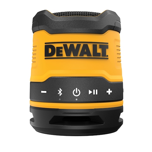 Front view of a DEWALT portable Bluetooth speaker, model DCR009, in yellow and black. The speaker has control buttons for volume, Bluetooth connectivity, power, and playback located on the front.
