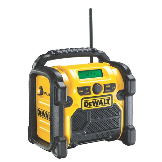 A DEWALT portable worksite radio with a yellow and black rugged design, featuring a carry handle, digital display, control buttons, and an antenna.