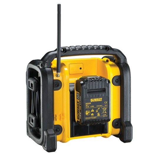 A DEWALT DCR019 compact jobsite radio with a black handle, antenna, and battery compartment visible, shown in yellow and black colors.