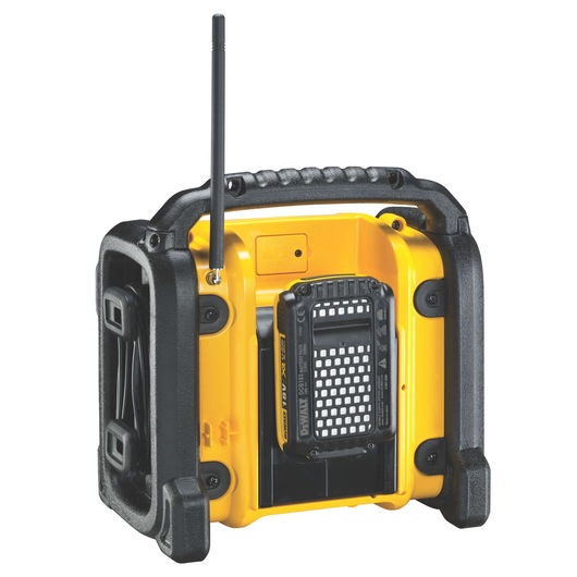 A DEWALT portable jobsite radio, model DCR019, shown from the back with a visible antenna, battery compartment, and rugged black and yellow design.