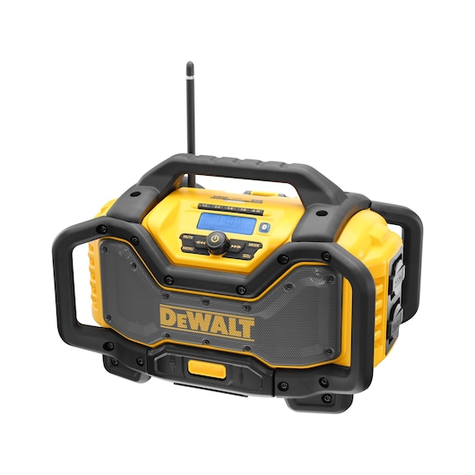 DEWALT DCR027 portable yellow worksite radio with handle, buttons, speaker grille, and antenna.