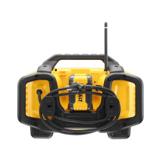 Front view of a yellow and black DEWALT portable radio with an antenna and a power cord wrapped around the handle.