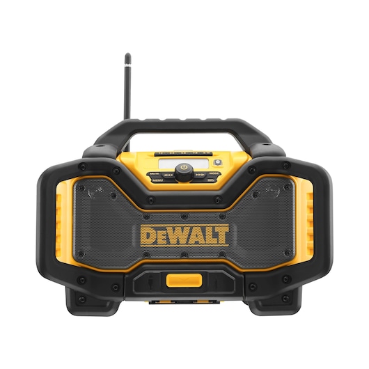 Front view of a DEWALT portable radio with handle, control buttons, and antenna. The device is black and yellow with prominent DEWALT branding on the speaker grille.